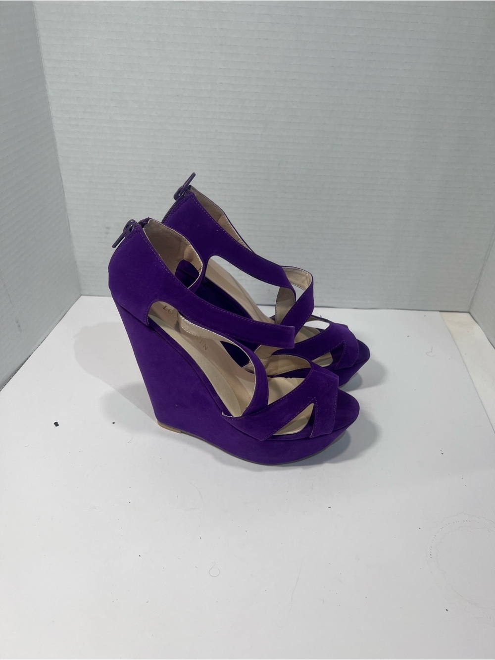 Purple Suede Crisscross Wedge Sandals